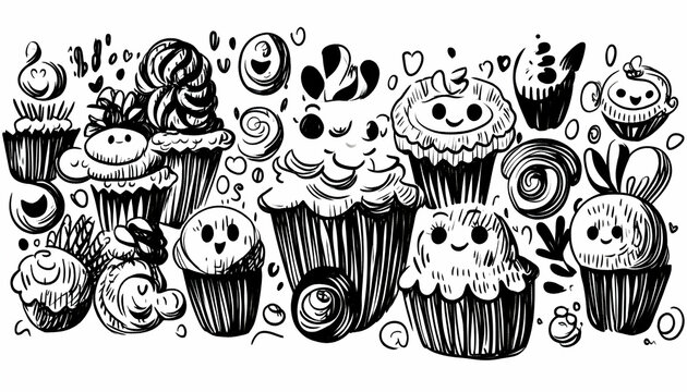 Cute Hand-Drawn Cupcakes, Sweets, and Confectionery Design for Bakery Menu or Website.