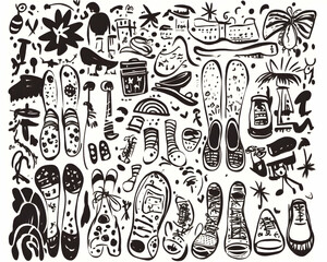 Diverse Footwear Sketches  Urban Background, Design Resource.