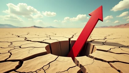 Fototapeta premium Artistic portrayal of cracked desert landscape with large red arrow sinking into earth signifying recession