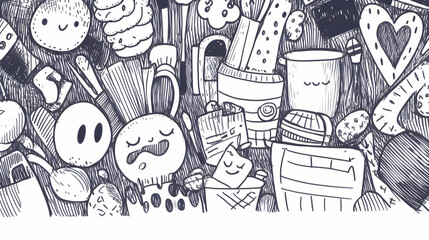 Obraz premium Doodle art background illustration of cute characters, stationery, and food items on dark background for social media.