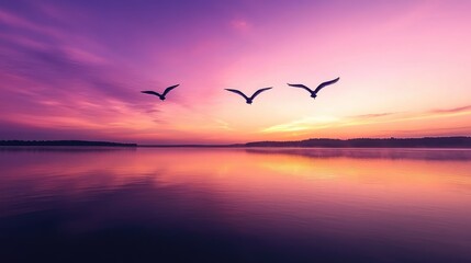 Obraz premium Serene Sunset Over Calm Water with Flying Birds at Dusk