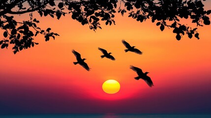 Naklejka premium Silhouetted Birds Flying Against a Vibrant Sunset Sky