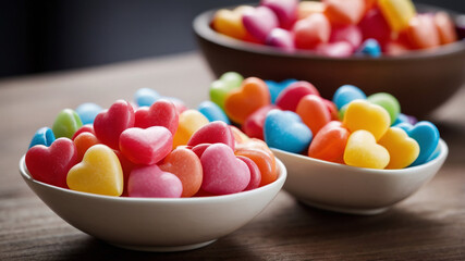 Colorful heart shaped candies in bowls. Concept of love, Valentine's Day, and sweetness.