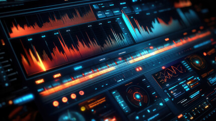 Fototapeta premium Dynamic Digital Design Featuring Vibrant Waveforms, Sound Spectrums, and Luminous Graphics, Ideal for Sound Engineering, Music Technology, and Multimedia Presentations