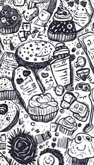 Naklejka premium Doodle Bakery Sweets Pattern Background for Food Blog, Website, or Packaging.