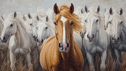 Fototapeta premium A striking scene featuring a brown horse leading a herd of white horses. The central horse stands out vividly, exuding strength and leadership. Perfect for themes of freedom, nature, and wildlife.. AI