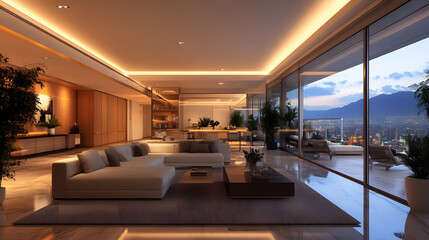 Elegant modern living room with panoramic city views at dusk, featuring sleek furniture and ambient lighting