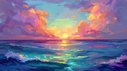 Vibrant sunset over calm ocean waves.