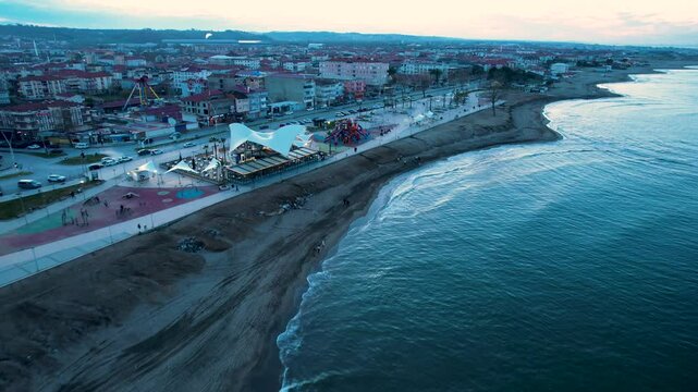 Karasu District in Sakarya, Turkey. Sunset landscape of Karasu. Aerial shooting with drone.