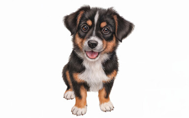 A tricolor puppy with black, white, and brown fur. 