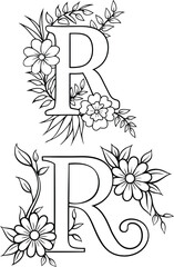 R letter flower line art coloring book page