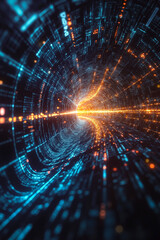 Obraz premium A tunnel of data is shown in the middle of a dark tunnel