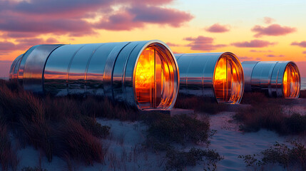Obraz premium Silver Bunkers with Mirrored Exteriors Reflecting Fires