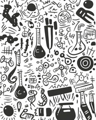 Doodle Science Lab Background Chemistry, Biology, Physics Illustrations for Education.