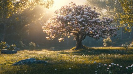 Serene Blooming Tree in Golden Light of a Tranquil Meadow