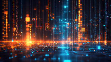 Fototapeta premium Futuristic Digital Background Featuring Glowing Data Streams, Circuit Patterns, and Vibrant Gradients, Perfect for Illustrating Neural Networks, AI Development, Data Encryption