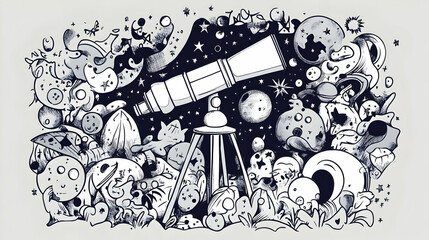 Obraz premium Doodle Space Telescope Exploring Cosmos, Fantasy Background, Educational Illustration.