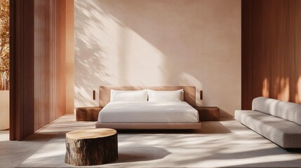 Minimalist bedroom with natural light, wooden accents, and neutral tones.