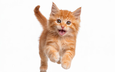 A young, orange-furred kitten. It appears to be in mid-stride, with its front paws extended forward and its tail raised slightly. 