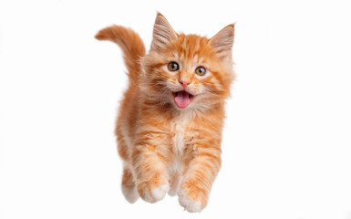 Obraz premium A vibrant orange kitten, seemingly in mid-jump or leap. The kitten's eyes are wide open, and its tongue is slightly sticking out. 