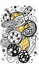 Fototapeta premium Doodle Sports Equipment Background Illustration.