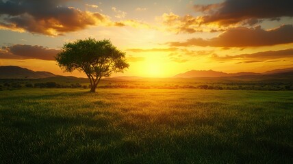Fototapeta premium A tranquil landscape featuring a lone tree silhouetted against a vibrant sunset, casting warm hues over a grassy field and distant hills.