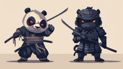 illustraction of techwear chibi panda ninjas robot mecha future JAPANESE VIBE detailed design for streetwaer and urban style t-shirts design