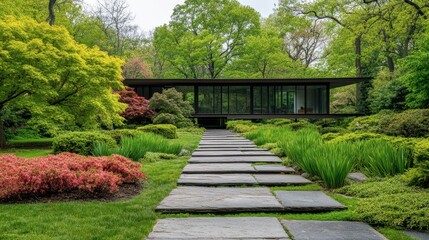 Naklejka premium Tranquil Garden Pathway Leading to Modern Architectural Design