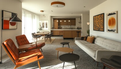 Mid Century Modern Living Room Interior Design Wooden Walls Sofa Chairs