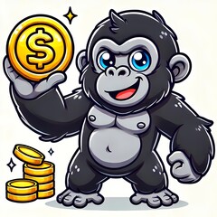 Naklejka premium Cute Gorilla Holding Gold Coin Cartoon Vector Icon Illustration