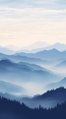 Fototapeta premium Ethereal Misty Mountain Landscape at Sunrise with Layered Blue Peaks