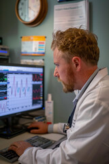 Doctor Analyzing Heart Monitor Data on Dual Screens in Medical Office Setting