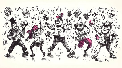 Obraz premium Festive Cartoon Characters Dancing at Carnival Celebration.