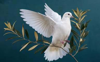 Fototapeta premium A white dove, gracefully spreading its wings, perched on an olive branch.