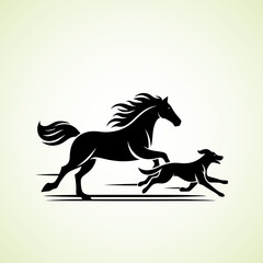 Horse and Dog running side by side, vector silhouette