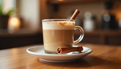 Fototapeta premium Coffee latte with cinnamon stick and frothy milk served in a glass cup on a wooden table