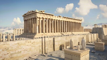 Naklejka premium Realistic visualization of architectural beauty of Parthenon within Greek civilization focusing on the intricate sculptures the symmetry of the design and its role as a symbol of Athenian democracy