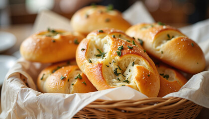 Freshly baked garlic bread rolls with herbs in a basket on a wooden table