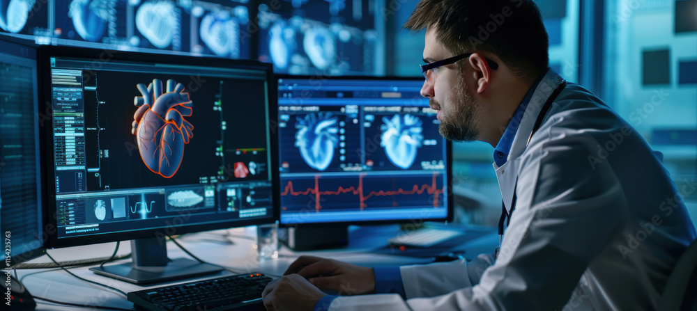 Fototapete graphic designer editing heart health animation in modern studio setting