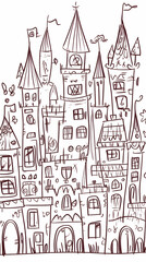 Naklejka premium Hand-drawn fairytale castle illustration, whimsical design, storybook background, children's book use.