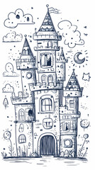 Obraz premium Hand-drawn fairytale castle illustration, whimsical night sky, children's book design.