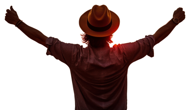 PNG Happy man weating a hat with arms up enjoy freedom at the beach at sunset outdoors adult happy. - Powered by Adobe
