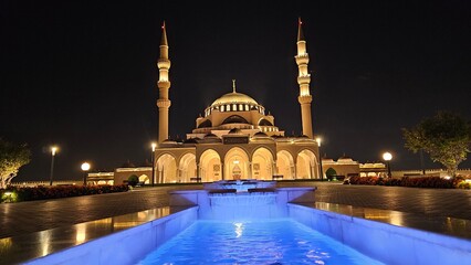 The Sharjah Mosque, illuminated with serene yellow lighting, stands majestically in front of a tranquil water fountain. Its intricate Islamic architecture and peaceful ambiance make it a captivating