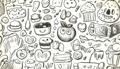 Hand-drawn food doodles background pattern; website, menu, packaging design.