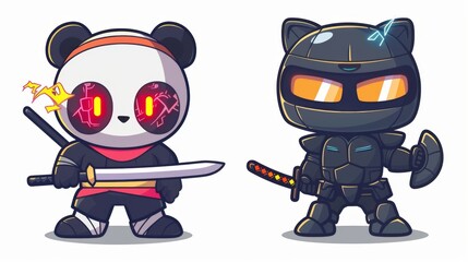 illustraction of techwear chibi panda ninjas robot mecha future JAPANESE VIBE detailed design for streetwaer and urban style t-shirts design