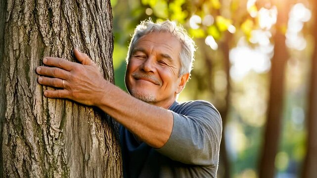 A joyful senior Caucasian man stands in a sunlit park, hugging a sturdy tree. Wearing a casual gray shirt, he smiles blissfully, connecting with nature in a moment of peace and harmony.