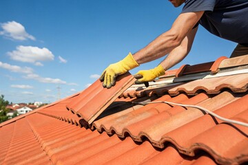 roofing, roofer, roof tiles, roof construction, home improvement, outdoor, sunny day, blue sky, clouds, work tool, building, architecture
