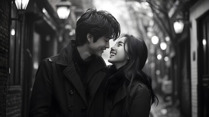 Naklejka premium Couple, Love, Romance, Black and White, Street