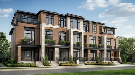 Fototapeta premium Modern Residential Townhouse Complex with Lush Landscaping