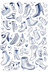 Hand-drawn Shoe Collection Fashion Sketches, White Background, Lifestyle Design.